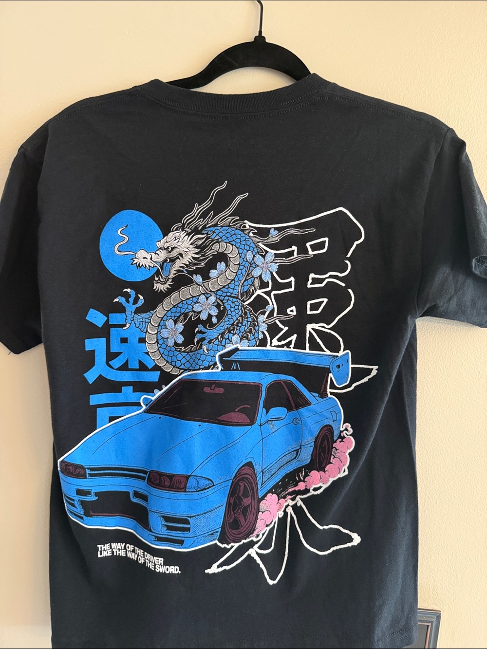 Kids Black Short-Sleeve Tee with Blue Racing Car & Dragon Graphic